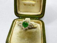 LOVE HEART EMERALD AND DIAMOND RING SET IN HALLMARKED 750 FOR 18k YELLOW GOLD