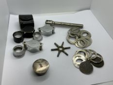 THREE X VINTAGE EYE-GLASS, TWO RING SIZERS, OLD WATCH WINDER AND HALLMARKED SILVER TOOTH POT