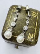 DIAMOND PEARL SET DROP EARRINGS IN WHITE METAL TESTED AS GOLD