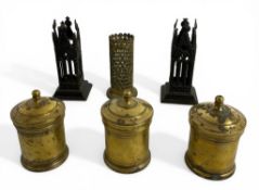 A pair of 19th century patinated bronze Gothic spill vases, another gilt bronze spill holder and thr
