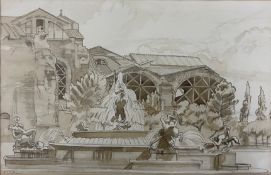 Edward Owen Vulliamy (British 1876-1962) Architectural drawing with a fountain in the foreground