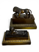 A 19th century French bronze encrier or inkwell in the form of a lion and a 19th century French bron
