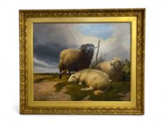 Thomas Sidney Cooper C.V.O R.A (British, 1803-1902), Ram and two sheep in a landscape setting