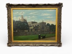 T A Bell (19th century British School) A young boy scholar with his dog before a church