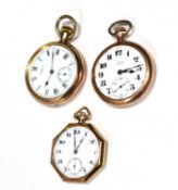 A group of three gold plated pocket watches to include Waltham USA example, white enamel dial with