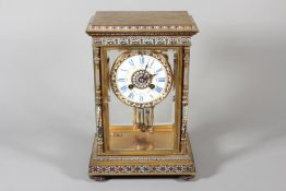 French cloisonne enamel four glass mantle clock by Vincenti having gilt brass case, the white enamel