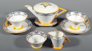 Shelley Vogue 'Blue Chevron' Art Deco eight piece breakfast set, pattern number 11775 with geometric