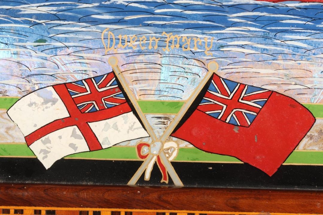 20th century rosewood and inlaid twin handled serving tray, the interior with depiction of Cunard - Image 2 of 4