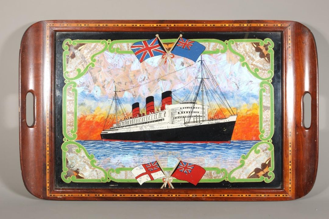 20th century rosewood and inlaid twin handled serving tray, the interior with depiction of Cunard - Image 1 of 4
