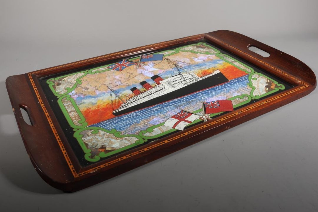 20th century rosewood and inlaid twin handled serving tray, the interior with depiction of Cunard - Image 3 of 4