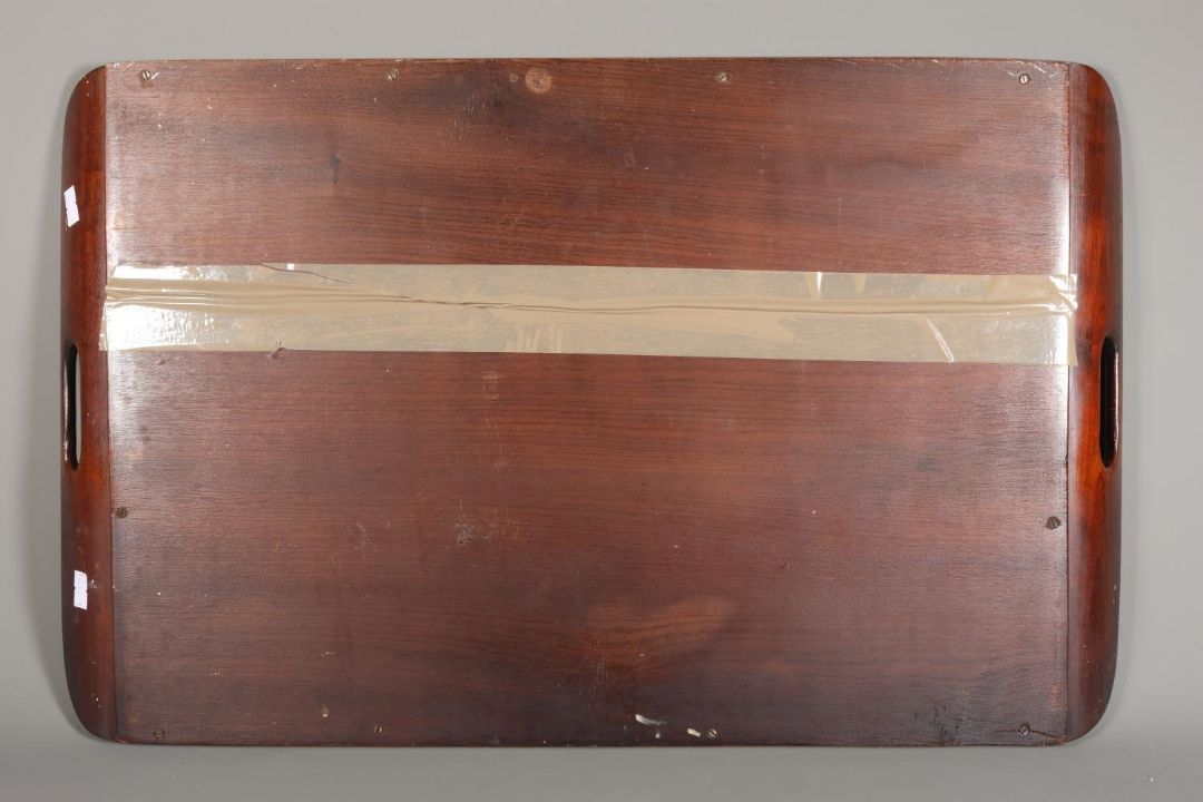 20th century rosewood and inlaid twin handled serving tray, the interior with depiction of Cunard - Image 4 of 4
