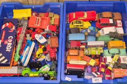 Two trays of playworn vehicles; Dinky, Corgi and Matchbox.