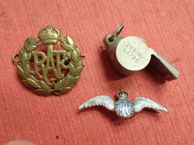 WW2 R.A.F. ditching whistle, cap badge, and sweetheart badge