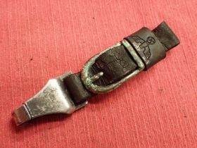 3rd Reich belt hanger for an SS dagger belt loop with Assman maker-marked nickel clip. Leather is