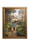 Oil painting on canvas, girl with flowers, 1930