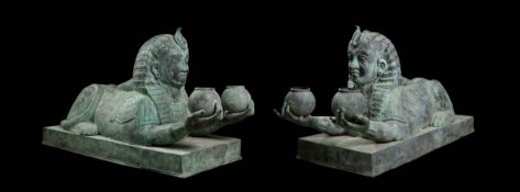 Pair of Egyptian bronze sphinxes