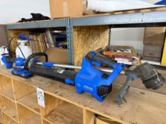 LOT -KOBALT CORDLESS 24V WEEDWHACKER AND LEAF BLOWER, W/ (2) 24V RECHARGEABLE BATTERIES AND 1-GAL