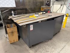 WELDING TABLE W/ 4' X 8' X 3/8" THICK TOP, 38" TOP HT, STEEL CASTERS, CONTENTS NOT INCLUDED