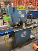 CTD N90 NOTCHING DOUBLE MITRE SAW, S/N 418, W/ INFEED AND OUTFEED TABLES