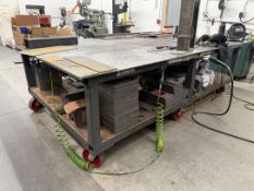 WELDING FABRICATION TABLE W/ 6' X 10' X 1/2" THICK STEEL TOP, 37" TOP HT, ON STEEL CASTERS, CONTENTS