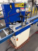 CTD N90 NOTCHING DOUBLE MITRE SAW, S/N 443, W/ INFEED AND OUTFEED TABLES