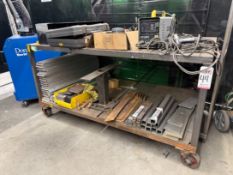 WELDING TABLE W/ 4' X 6-1/2' STEEL TOP, 39-1/2" TOP HT, STEEL CASTERS, CONTENTS NOT INCLUDED, (DELAY