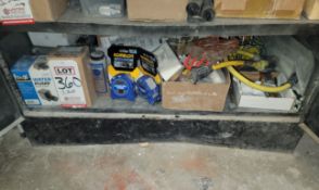 LOT - CONTENTS OF (1) SHELF: ASSORTED MAINTENANCE ITEMS, SMALL SUBMERSIBLE WATER PUMP, ETC.