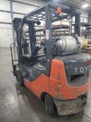 2018 TOYOTA LPG FORKLIFT, 4,500 LB CAPACITY, MODEL 8FGCU25, 3-STAGE MAST, SIDE SHIFT, SOLID TIRES,