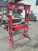 45-TON AIR HYDRAULIC H-FRAME SHOP PRESS, DISTRIBUTED BY DYNAMO SHOP EQUIP/BRAND UNKNOWN