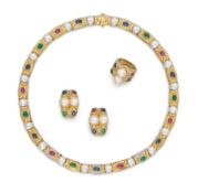 Farbstein-Perl-Set: Collier, Ring und Ohrclips