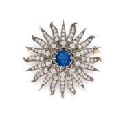 Historische Saphir-Diamant-Brosche "Sonne/Mond"