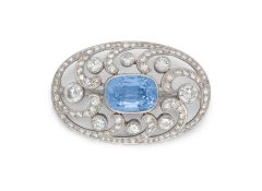 Sri Lanka Saphir-Diamant-Brosche im Art Déco Stil