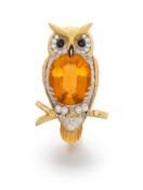 Goldtopas-Diamant-Brosche "Uhu"
