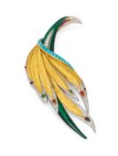 KERN, RENÉ Vintage Farbstein-Emaille-Brosche "Paradiesvogel"