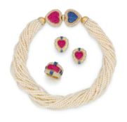 Farbstein-Perl-Set: Collier, Ring und Ohrclips