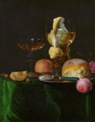 Simon Luttichuijs: Stillleben mit einer Zitrone in einem Römer, Auster, Brot und Messer