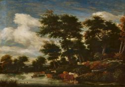 Jacob Salomonsz. van Ruysdael: Waldlandschaft mit Kühen am Flussufer