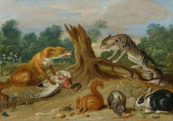 Jan van Kessel d.Ä.: Waldlandschaft mit Fuchs und Katzen im Streit um eine Ente