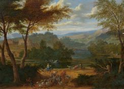 Pieter Bout: Südliche Flusslandschaft mit Hirten und Fährboot