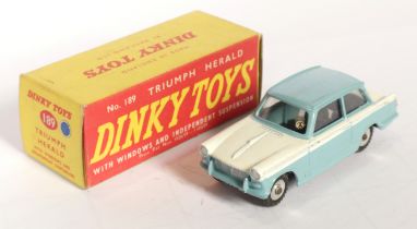 Dinky Toys 189 Triumph Herald - Two-Tone light blue and white, silver trim and spun hubs 