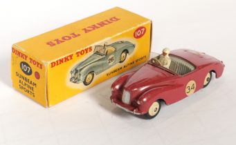Dinky Toys 107 Sunbeam Alpine Sports - Cerise Body  with grey interior and figure driver, silver ...