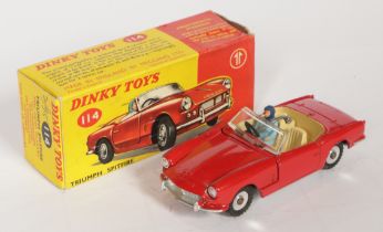 Dinky Toys 114 Triumph Spitfire Sports Car - Red body with silver trim, cream interior with figur...
