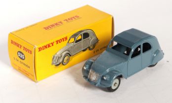 French Dinky Toys 535 Citroen 2CV - Greyish-blue body with blue roof, silver trim and concave hubs
