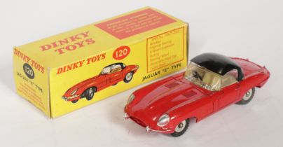 Dinky Toys 120 Jaguar Type E - Red body with black detachable hood, cream interior, silver trim, ...