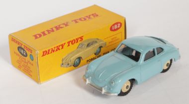 Dinky Toys 182 Porsche 356A Coupe - Light blue body with silver trim and light beige ridged hubs