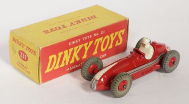 Dinky Toys 231 Maserati Racing Car - Red body and ridged hubs with grey tyres, white flash