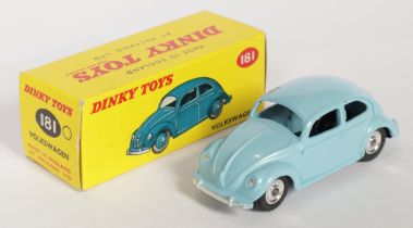 Dinky Toys 181 Volkswagen Saloon (Beetle) - Light blue body with silver trim and chrome spun hubs
