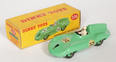 Dinky Toys 236 Connaught Racing Car - Green body with mid-green ridged hubs, black front flash