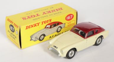 Dinky Toys 167 AC Aceca Coupe - Cream body with maroon upper, silver trim, spun hubs 