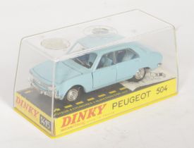 French Dinky Toys 1415 Peugoet 504 Saloon - Light blue body and interior with chrome trim and spu...